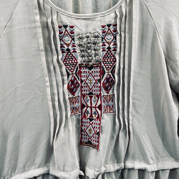 See You Monday Womens Boho Blouse Large Taupe Embroidered Peplum Festival Ethnic - Picture 3 of 10